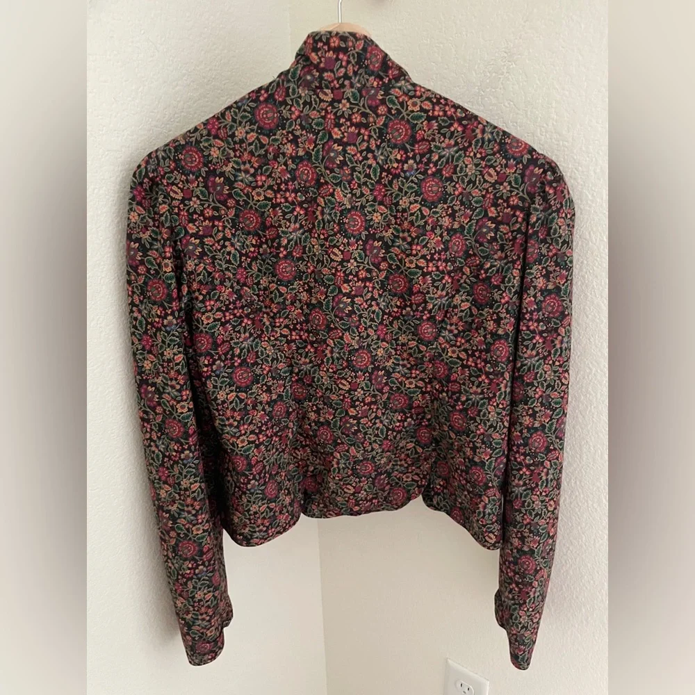 Vintage handmade brown red floral 2 piece set midi skirt and puff sleeve jacket
